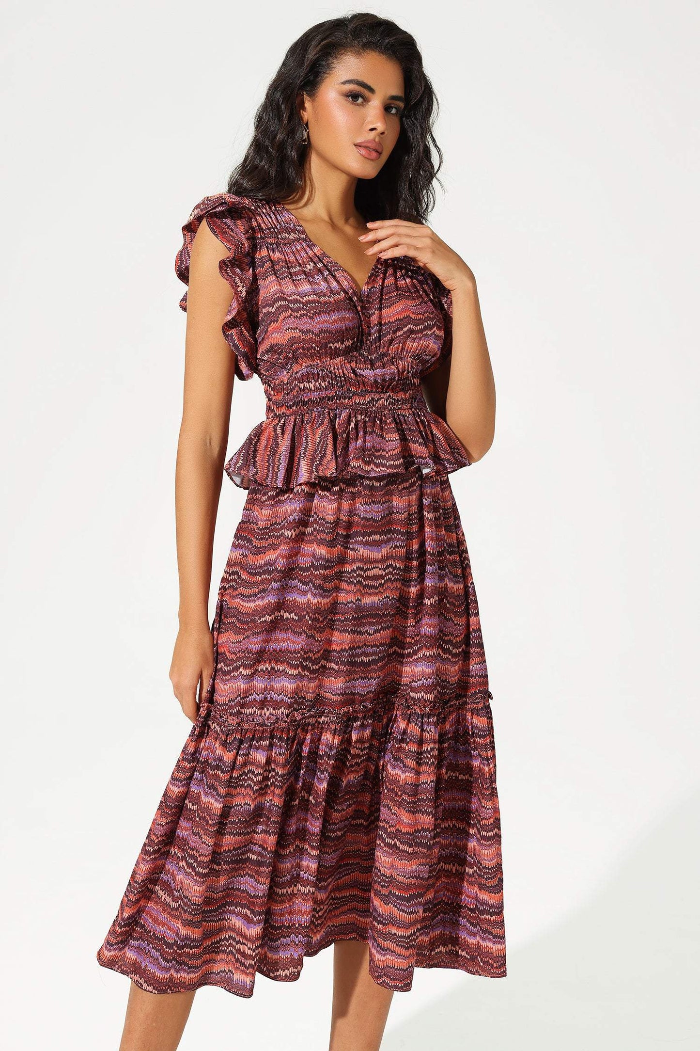 Layered Ruffle Sleeves V-Neck Midi Dress