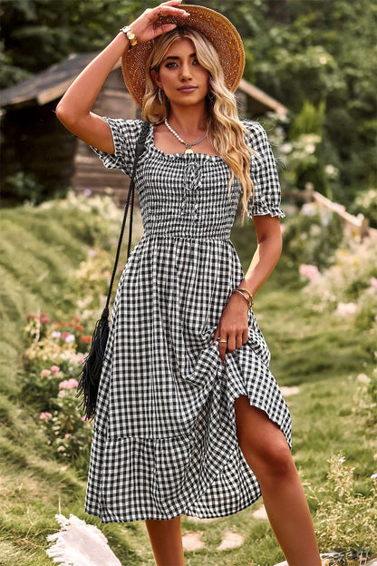 Plaid Square Collar Short Sleeve Midi Dress