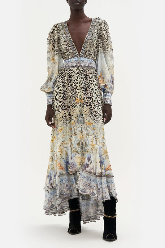 Chiffon Floral Leopard Print V-Neck Maxi Dress