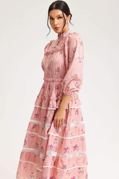 Floral Lantern Sleeve Buckle Midi Dress Pink