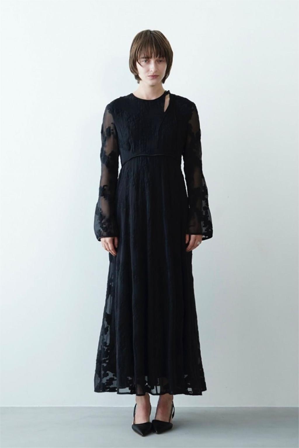 Horn Sleeve Irregular Collar Hollow Midi Dress Black