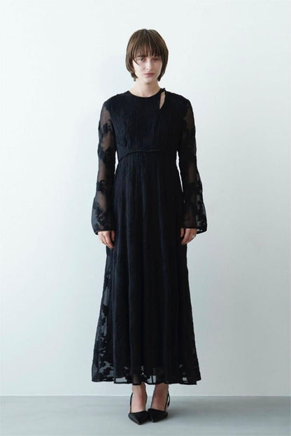 Horn Sleeve Irregular Collar Hollow Midi Dress Black