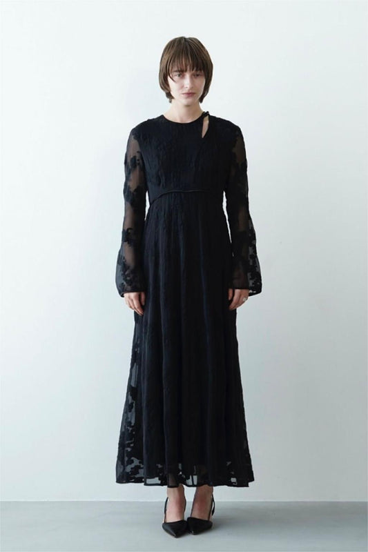 Horn Sleeve Irregular Collar Hollow Midi Dress Black