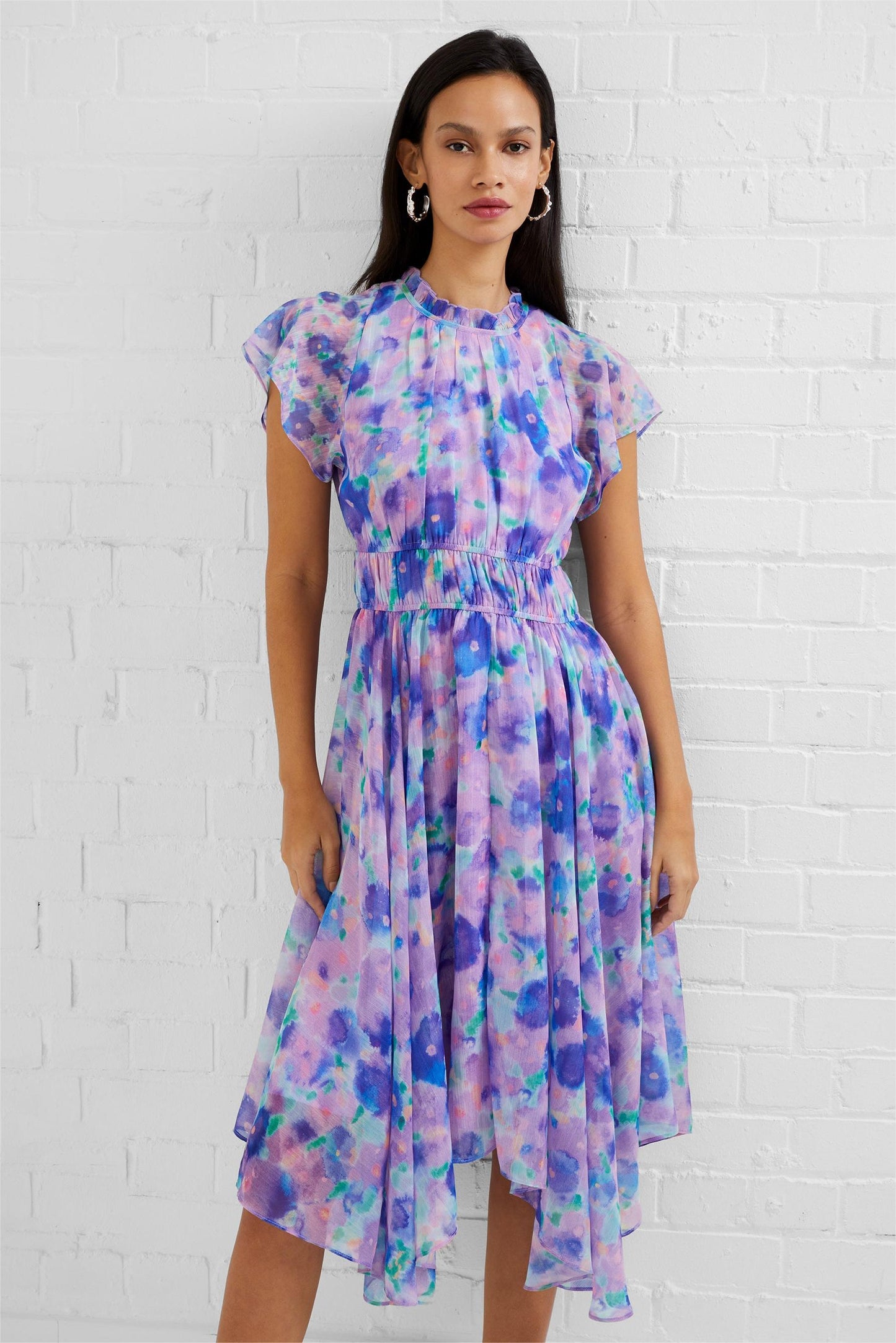 Printed Crew Collar Asymmetric Hem Midi Dress