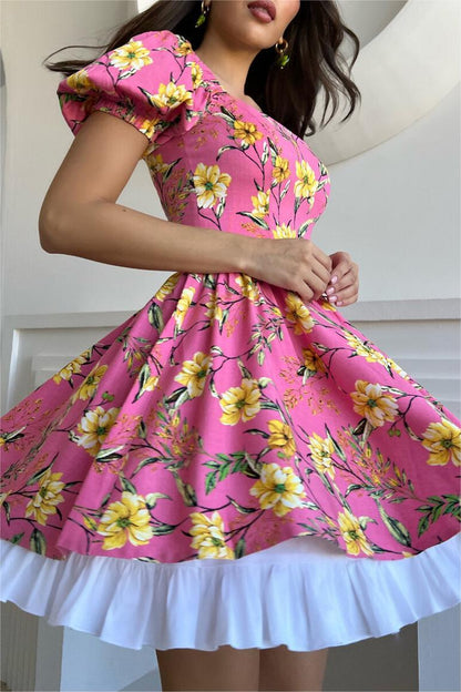 Floral Puff Sleeve Square Collar Mini Dress
