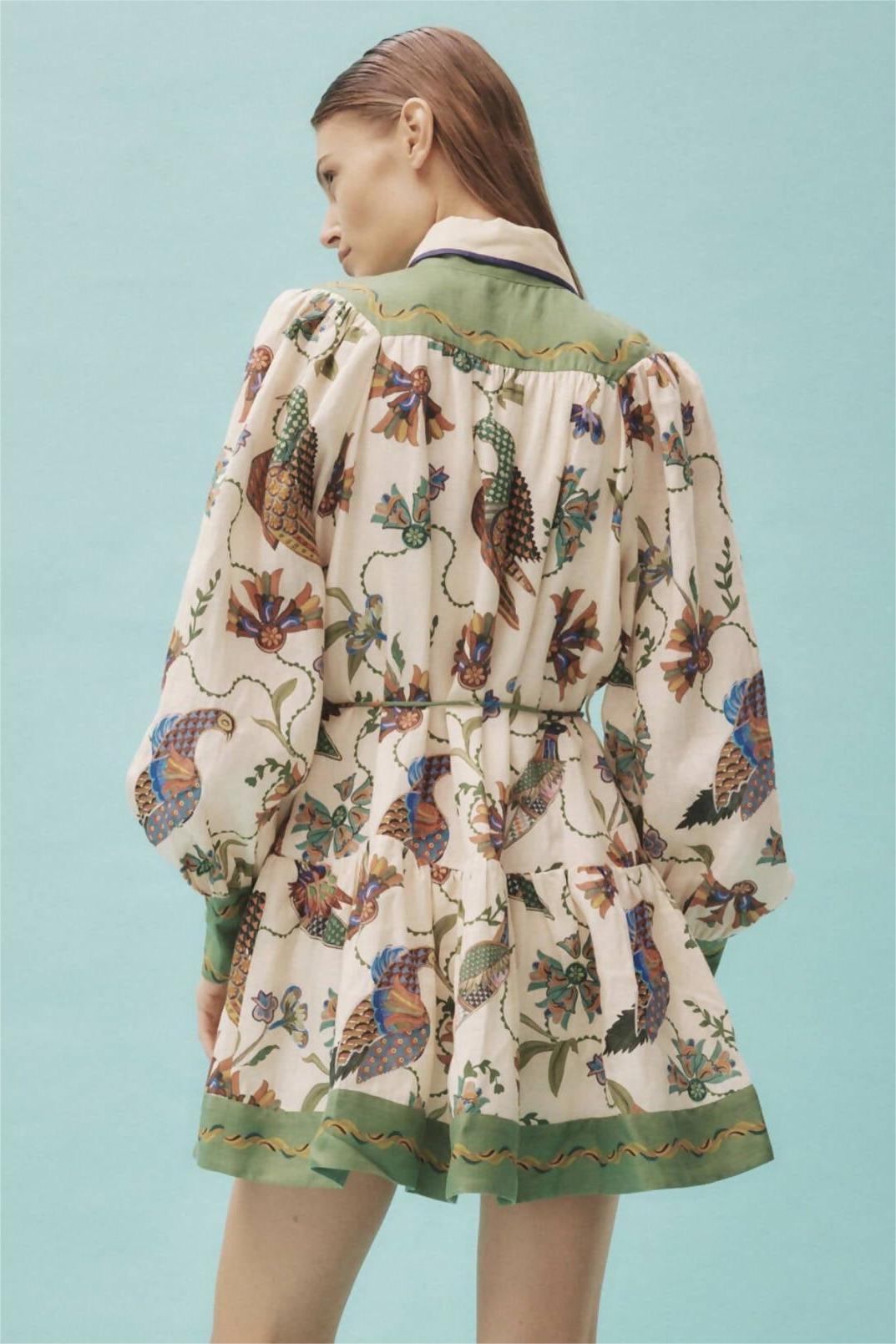 Floral Single Breasted Shirt Collar Long Sleeve Mini Dress