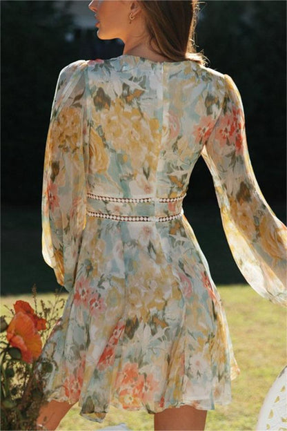 Floral V-Neck Long Sleeve Mini Dress