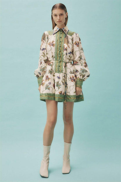Floral Single Breasted Shirt Collar Long Sleeve Mini Dress