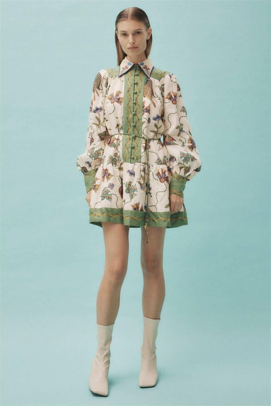 Floral Single Breasted Shirt Collar Long Sleeve Mini Dress