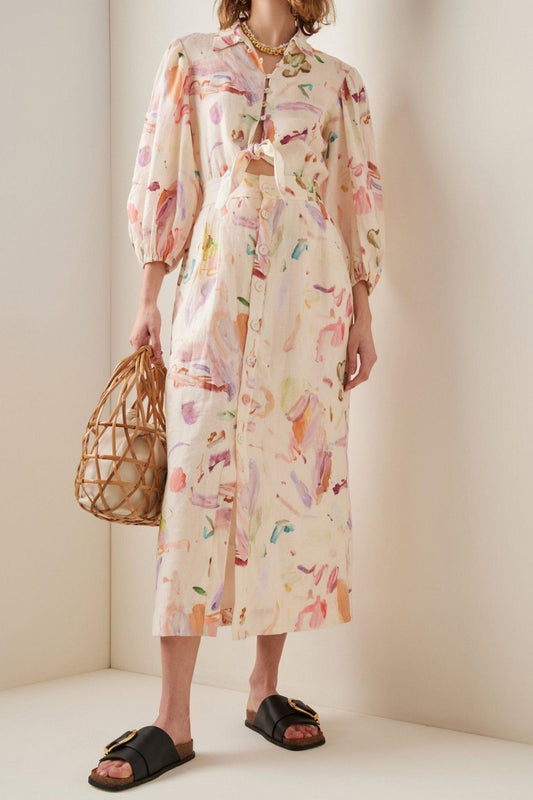 Abstract Print Shirt Collar Button Midi Dress