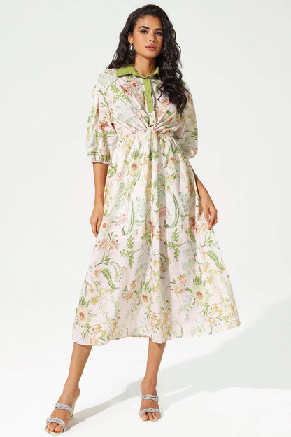 Floral Mid Sleeve Lapel Lace Up Midi Dress