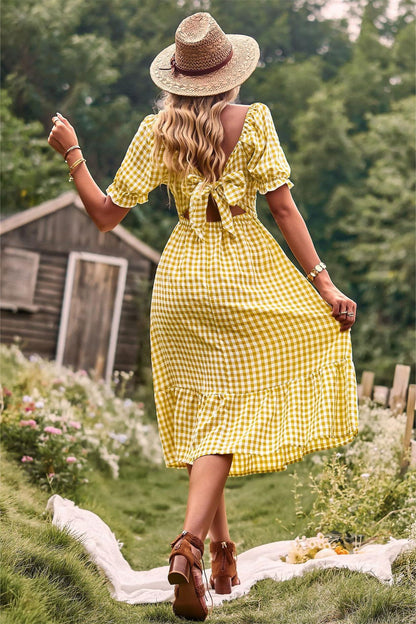 Plaid Square Collar Short Sleeve Midi Dress