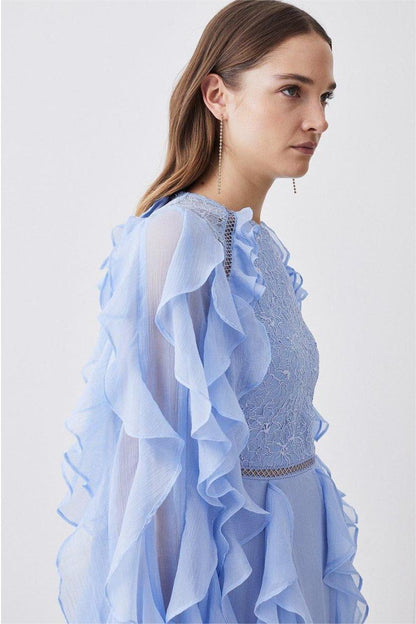 Lace Ruffle Lantern Sleeve Split Midi Dress