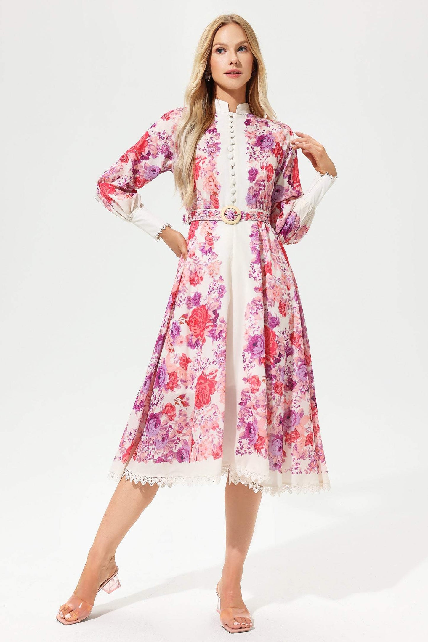 Floral Long Sleeve Buttoned Belted Midi Dress Red