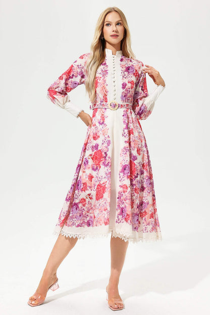 Floral Long Sleeve Buttoned Belted Midi Dress Red