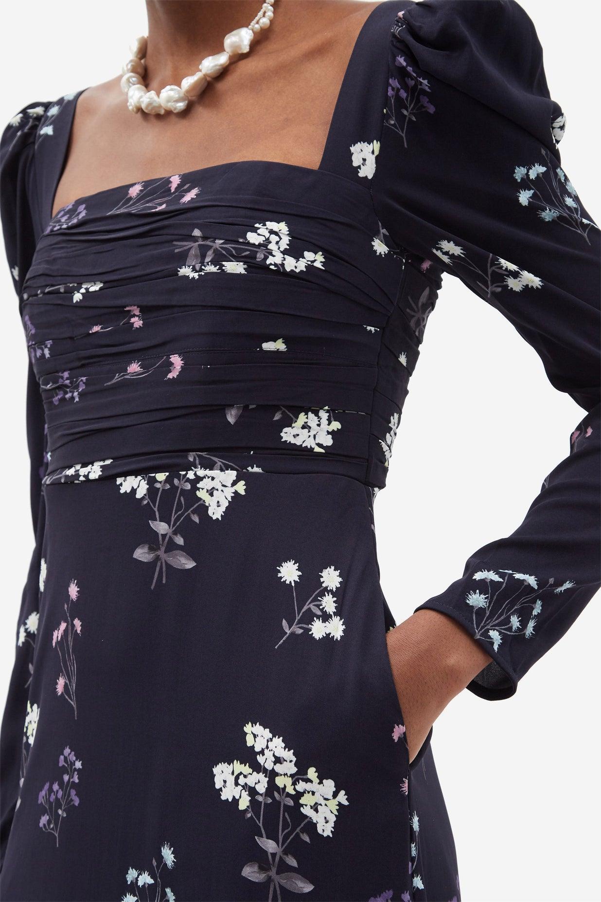 Floral Long Sleeve Square Collar Midi Dress