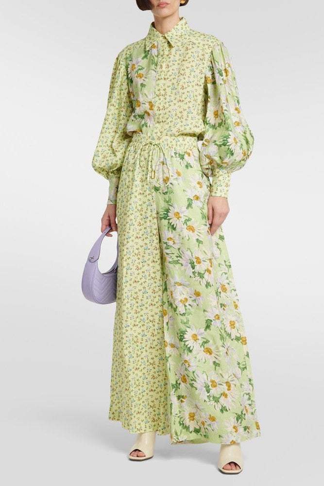 Floral Long Sleeve Shirt Collar Top & High Waist Pants Set