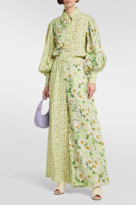 Floral Long Sleeve Shirt Collar Top & High Waist Pants Set