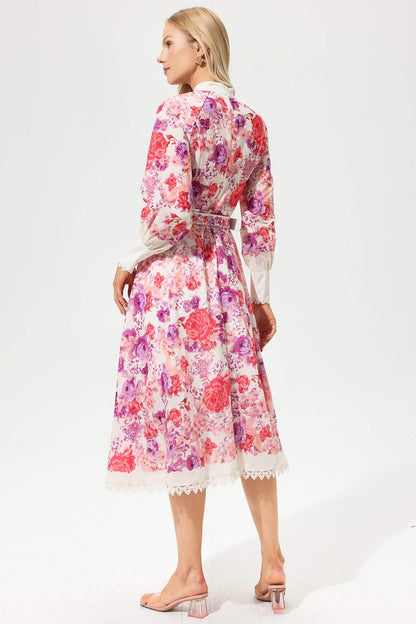 Floral Long Sleeve Buttoned Belted Midi Dress Red