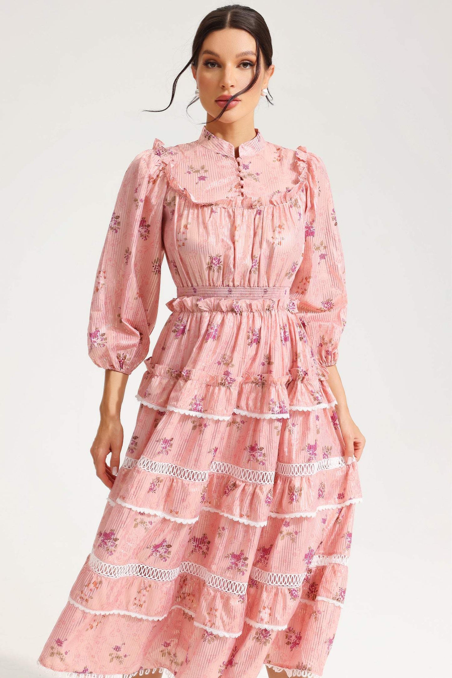 Floral Lantern Sleeve Buckle Midi Dress Pink