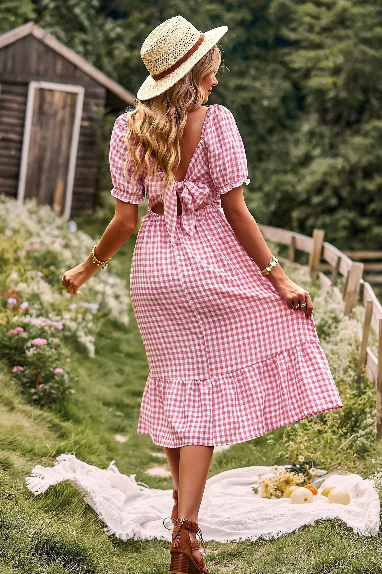 Plaid Square Collar Short Sleeve Midi Dress