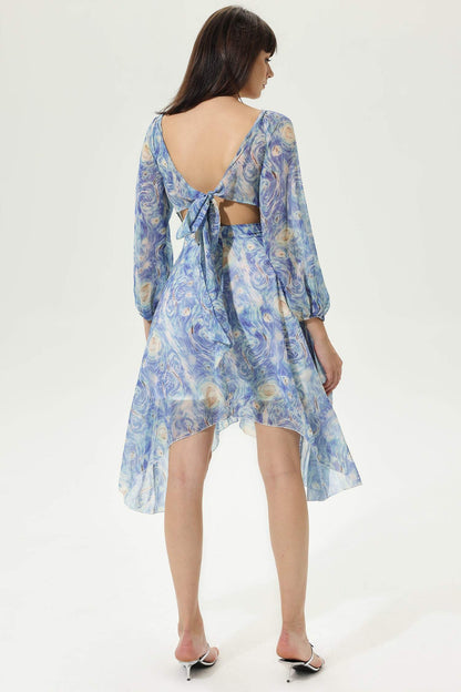 Abstract Print Sweetheart Neck Long Sleeve Midi Dress