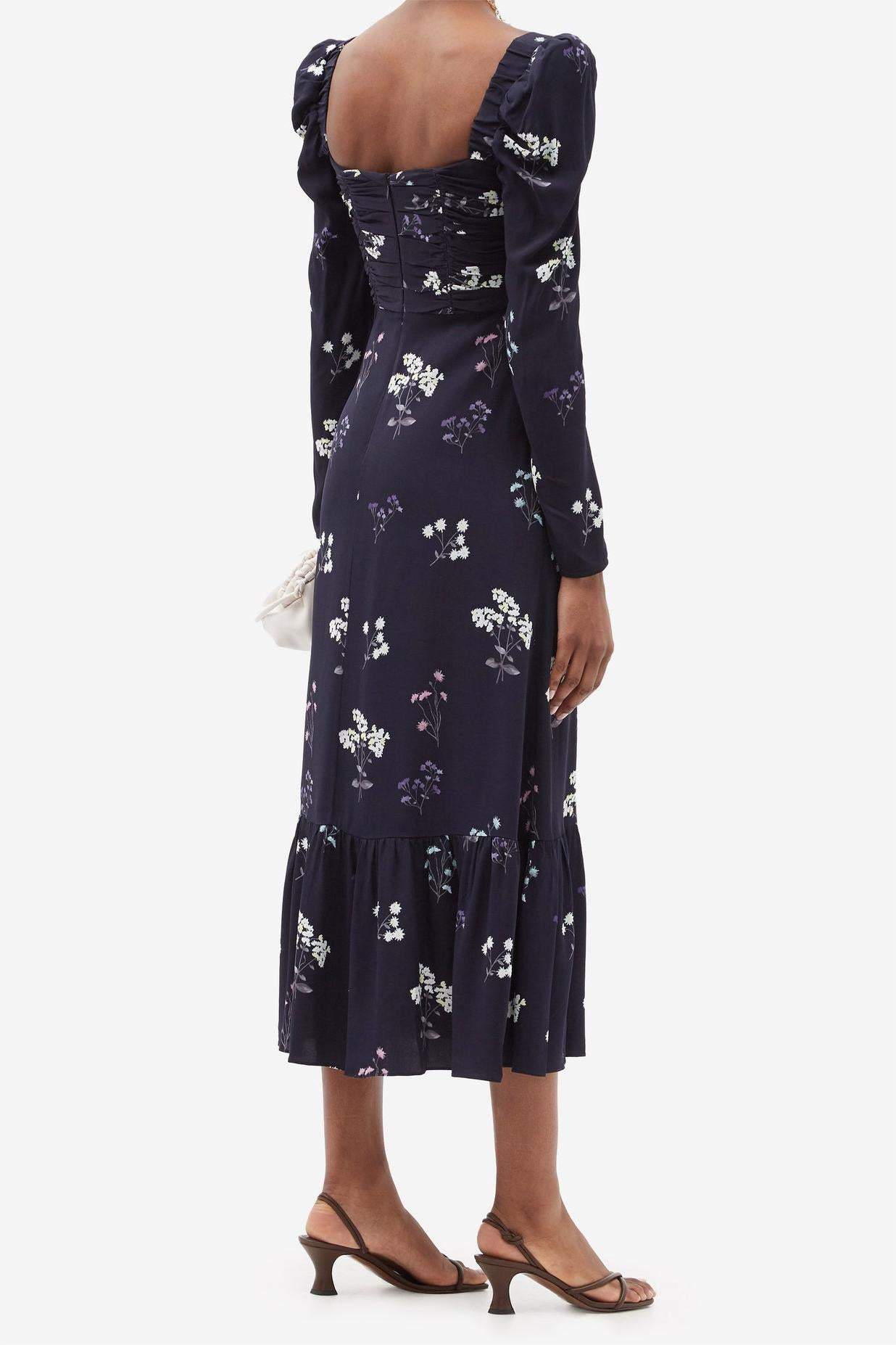 Floral Long Sleeve Square Collar Midi Dress