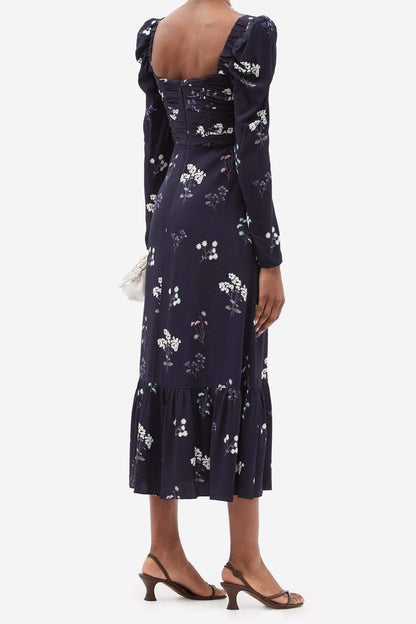 Floral Long Sleeve Square Collar Midi Dress