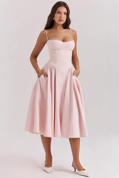 Solid Sweetheart Neck Midi Dress