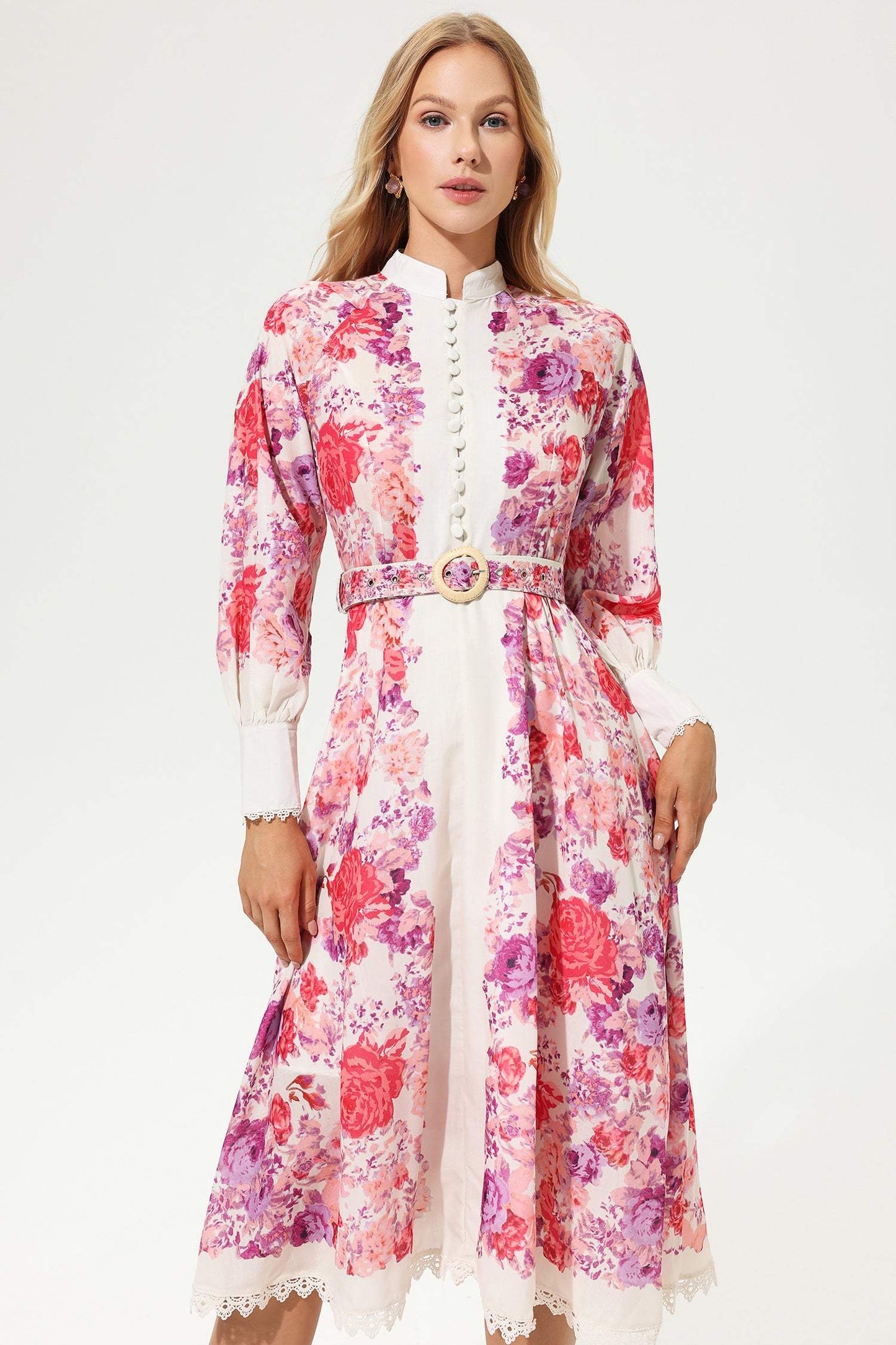 Floral Long Sleeve Buttoned Belted Midi Dress Red