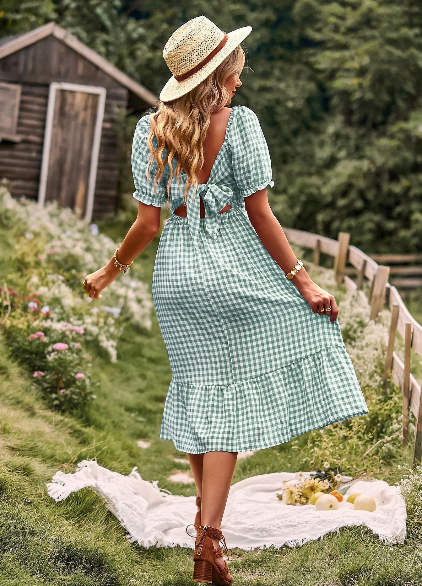 Plaid Square Collar Short Sleeve Midi Dress