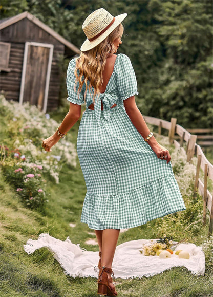 Plaid Square Collar Short Sleeve Midi Dress
