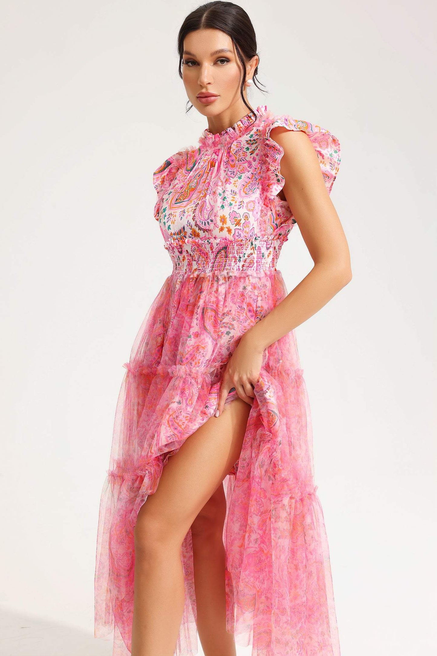 Floral Flatter Sleeve Crew Collar Midi Dress Pink