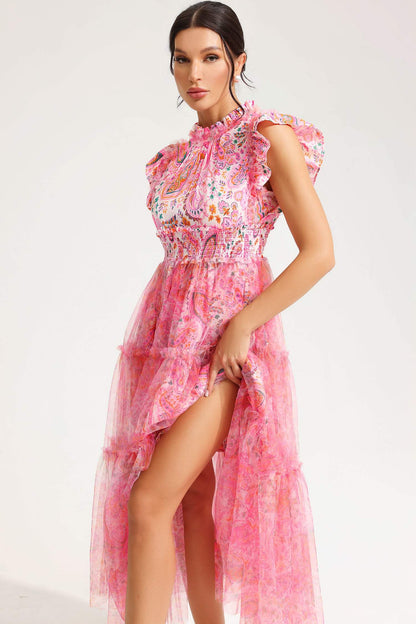 Floral Flatter Sleeve Crew Collar Midi Dress Pink