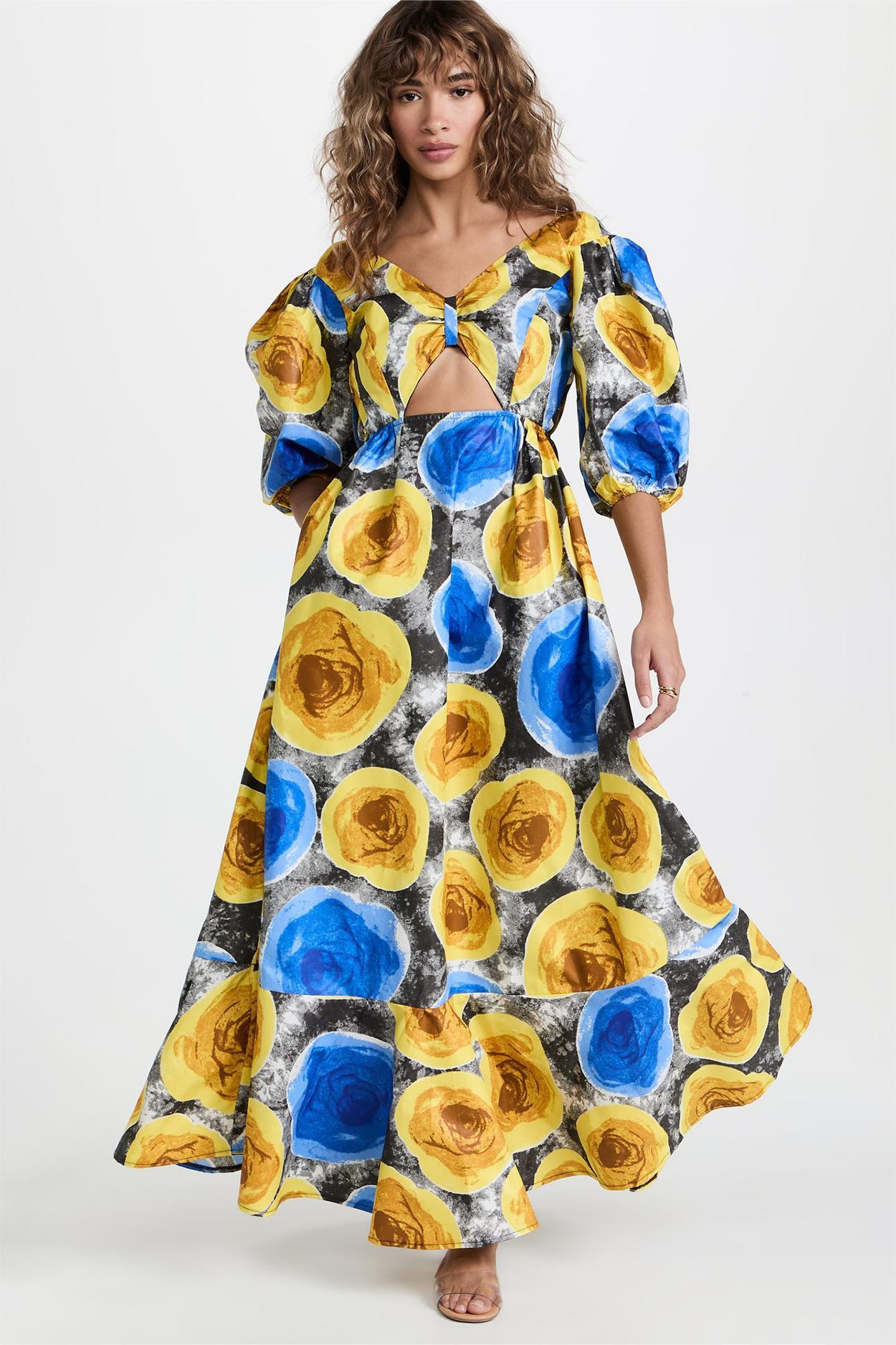 Floral V-Neck Puff Sleeve Cut-Out Midi Dress