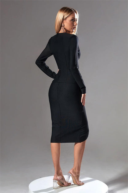 V-Neck Long Sleeve Single Breasted Blazer & Mid Waist Midi Skirt Set