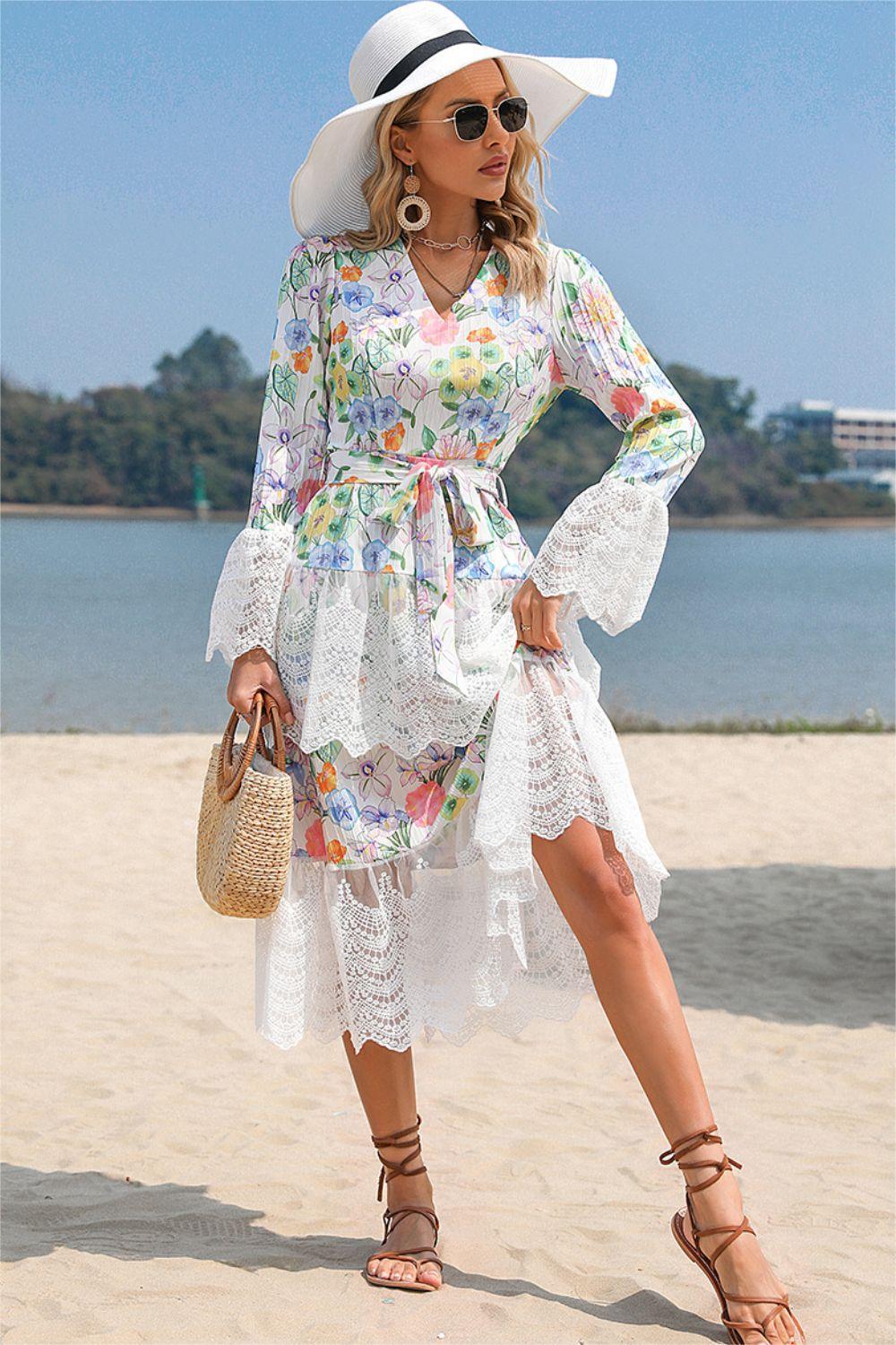 Printed V-Neck Lace Patchwork Lace Up Dress