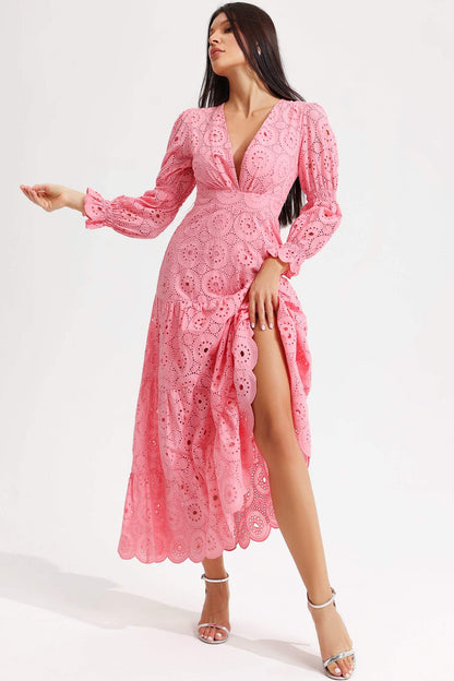 V-Neck Lantern Sleeve Tapered Waist Midi Dress Pink