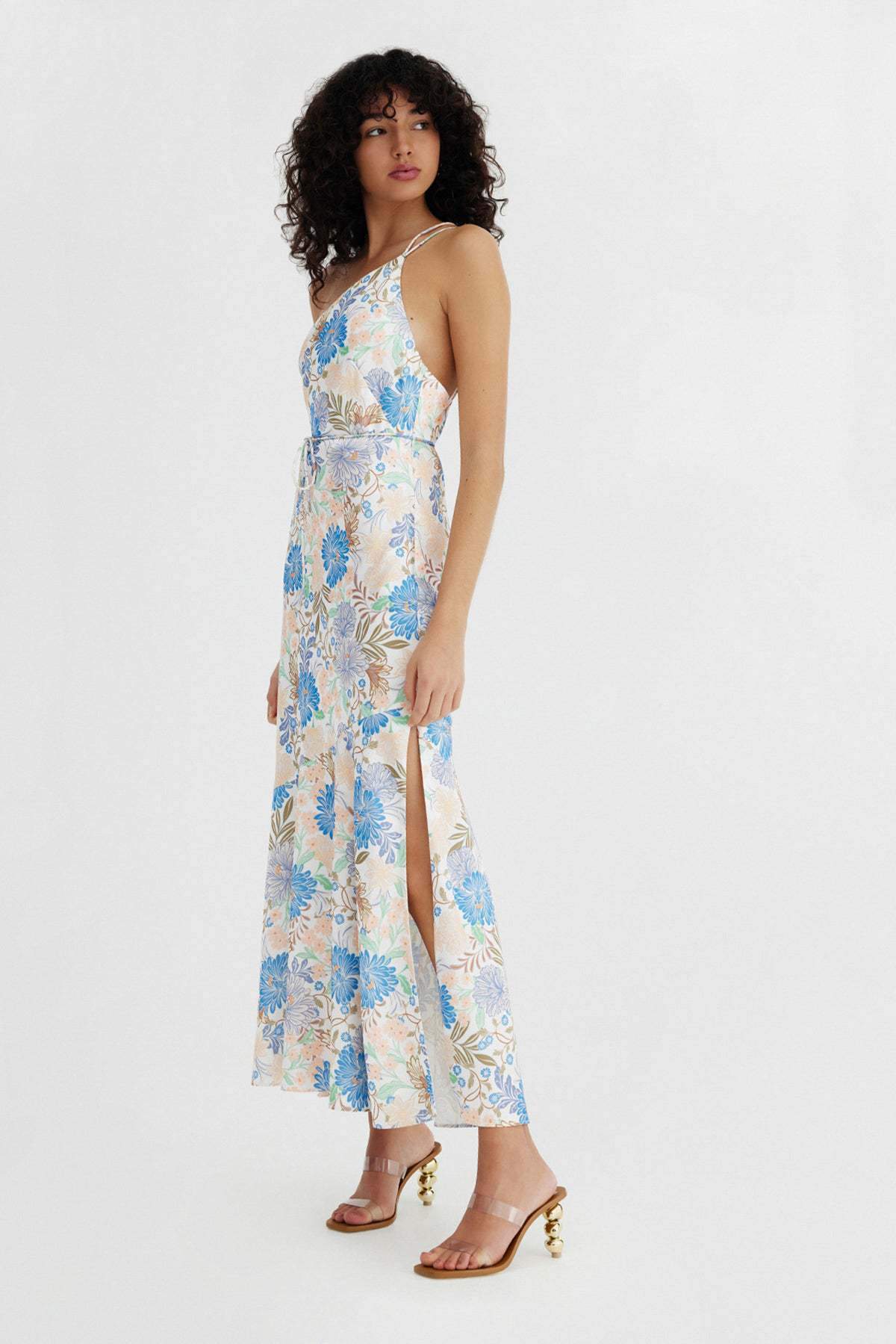 Floral Sleeveless One-Shoulder Slim Midi Dress
