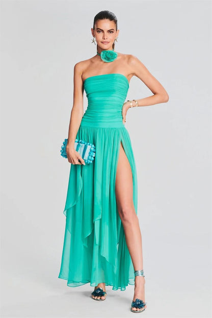 Mesh Strapless Ruched Split Maxi Dress