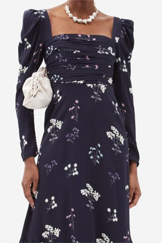 Floral Long Sleeve Square Collar Midi Dress