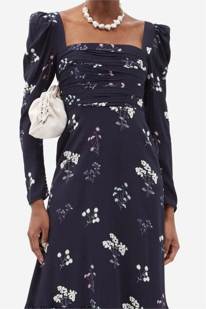 Floral Long Sleeve Square Collar Midi Dress