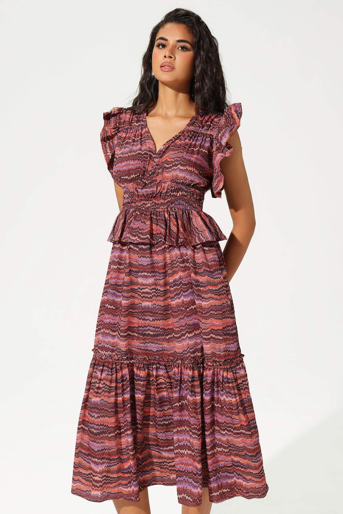 Layered Ruffle Sleeves V-Neck Midi Dress