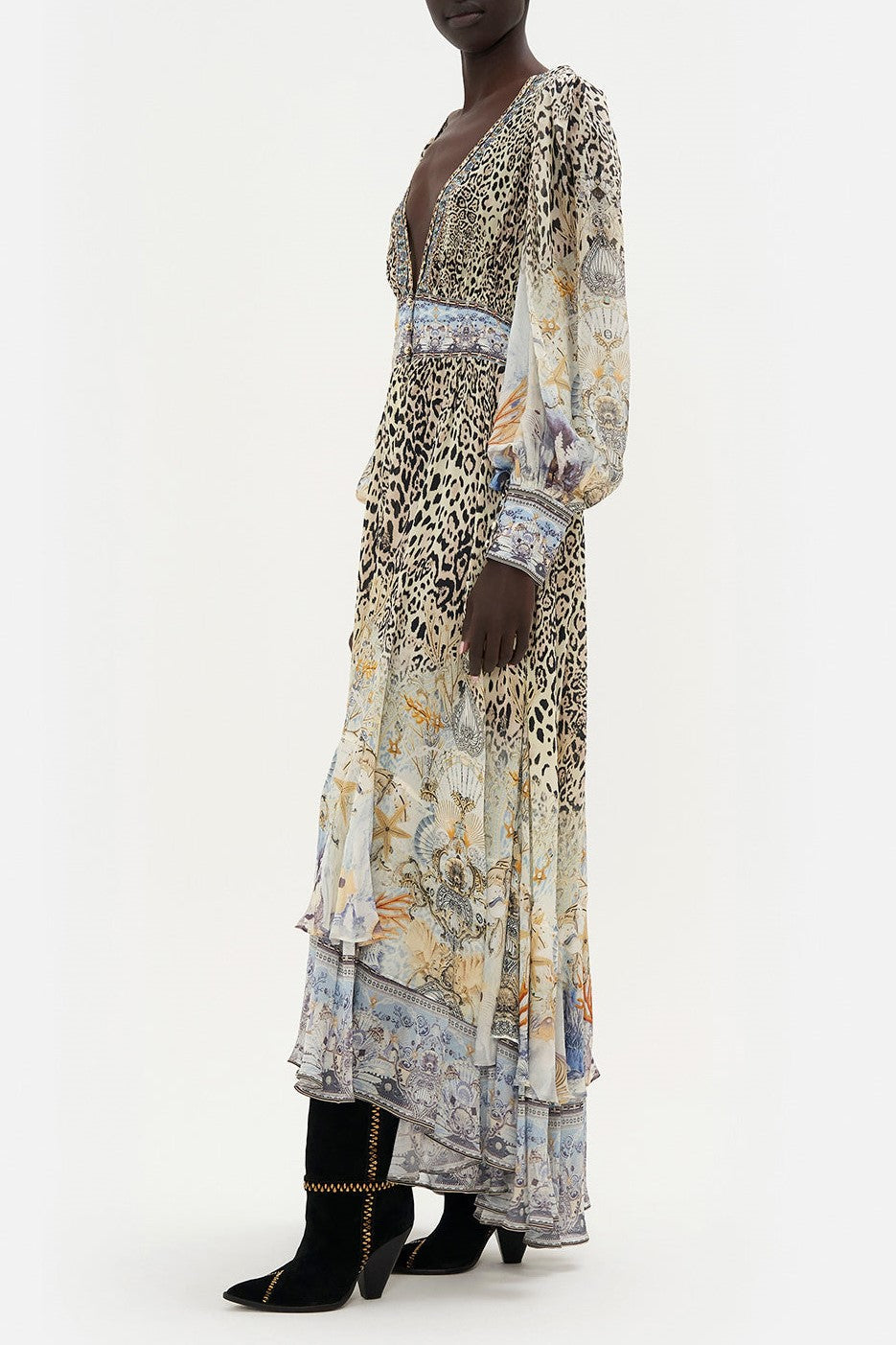 Chiffon Floral Leopard Print V-Neck Maxi Dress