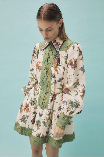 Floral Single Breasted Shirt Collar Long Sleeve Mini Dress