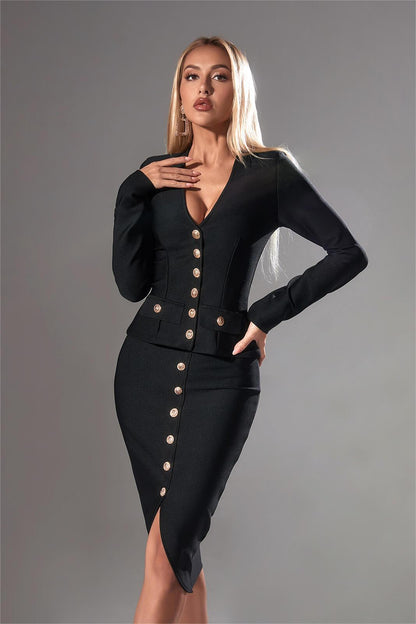 V-Neck Long Sleeve Single Breasted Blazer & Mid Waist Midi Skirt Set