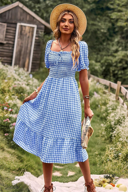 Plaid Square Collar Short Sleeve Midi Dress