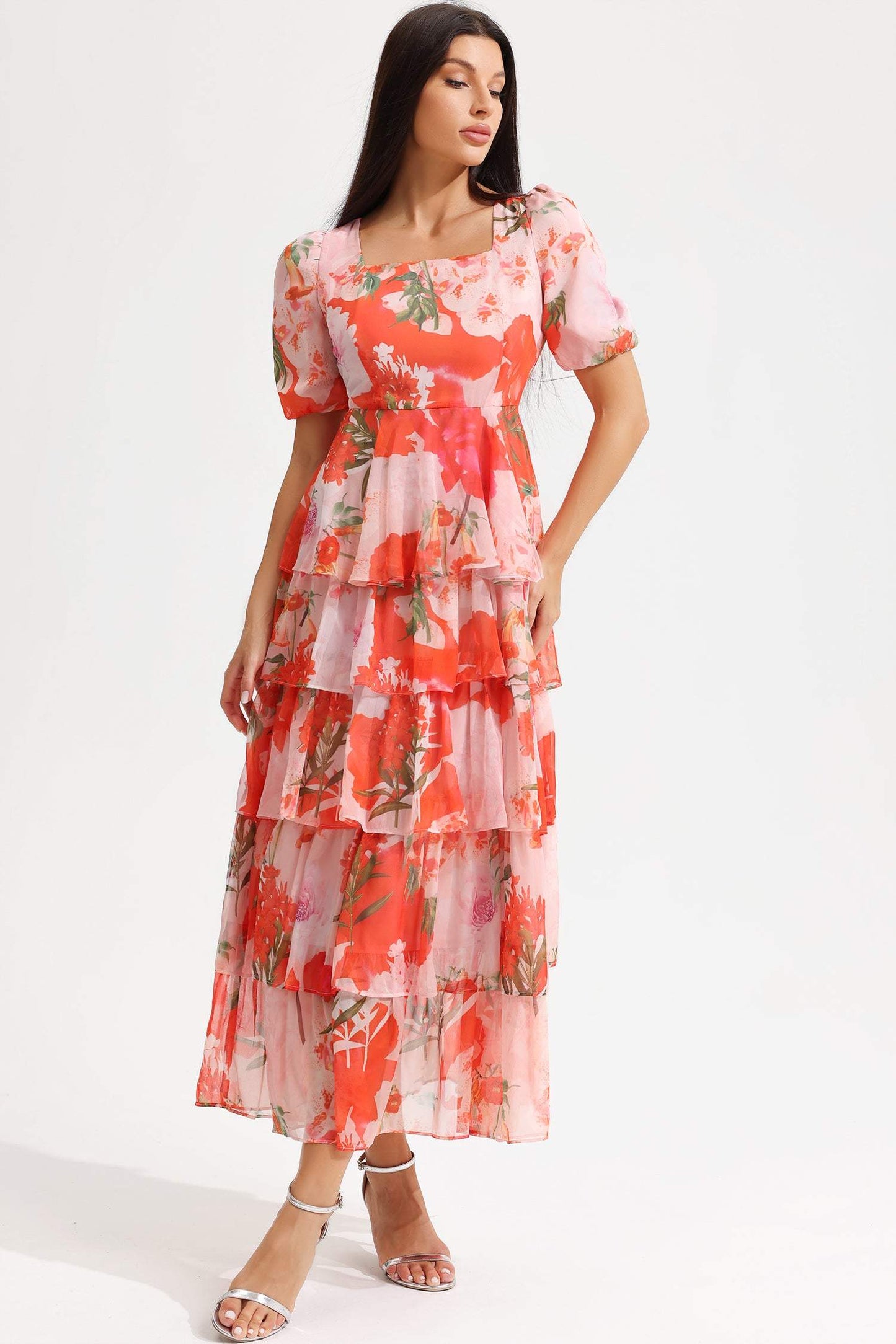 Floral Square Collar Lantern Sleeve Tapered Waist Midi Dress