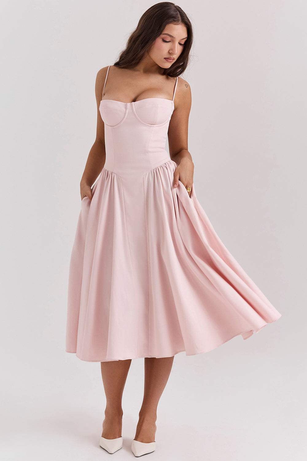Solid Sweetheart Neck Midi Dress