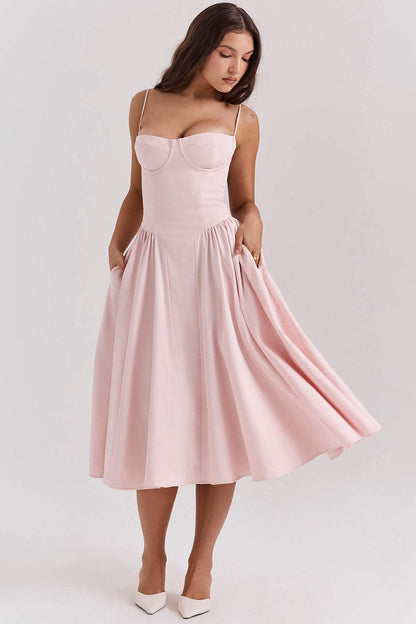 Solid Sweetheart Neck Midi Dress